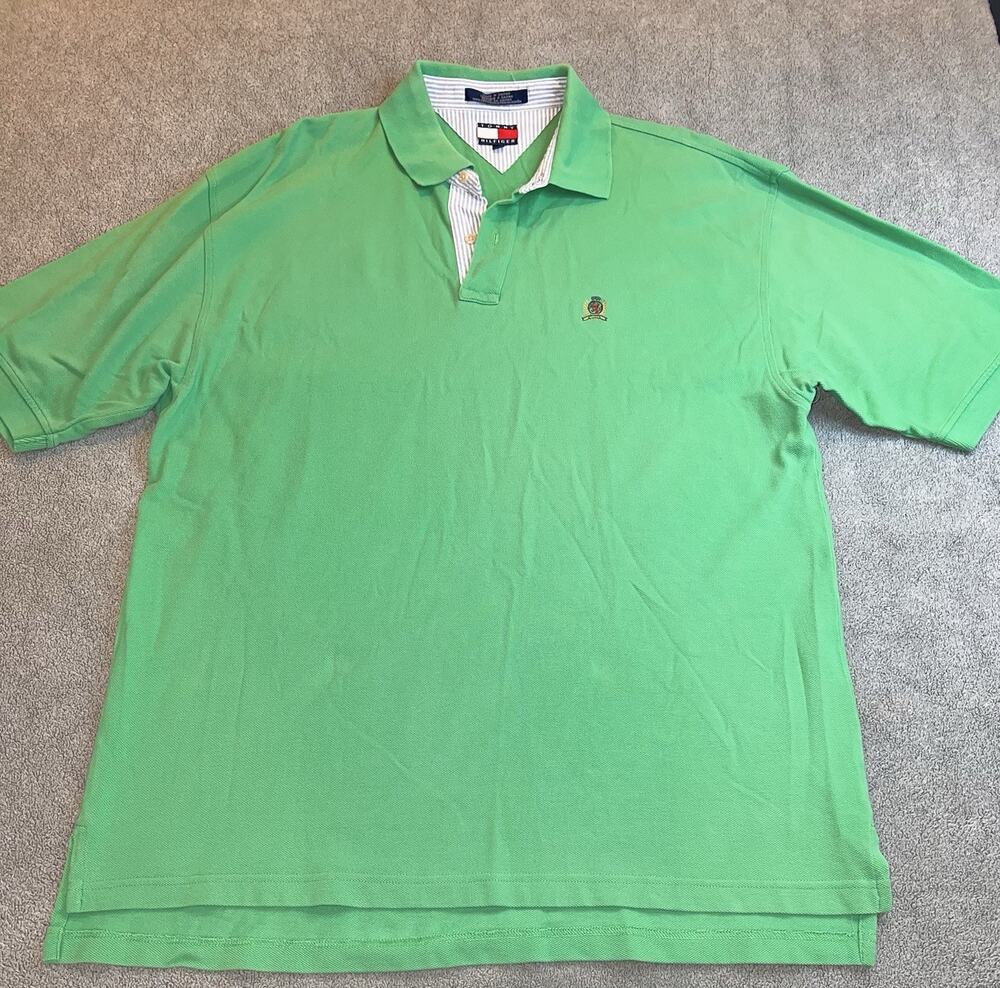 Vintage 90s Tommy Hilfiger Green Polo Shirt Embroidered Crest Logo Mens XL B308